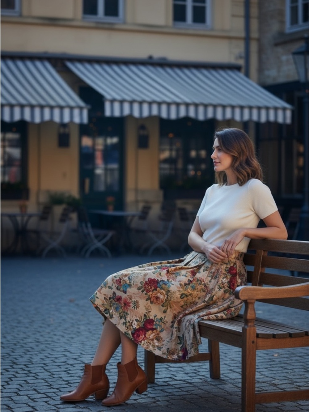 Floral Pleated Skirt in Beige with Multicolor Bloom